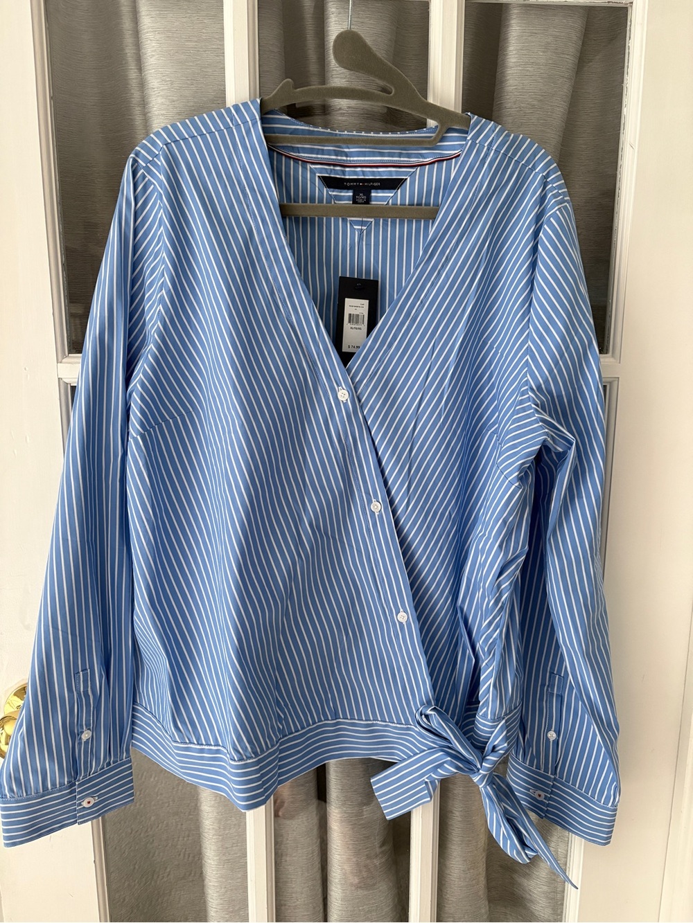 Tommy Hilfiger Blue and White Striped Wrap Blouse with Side Knot